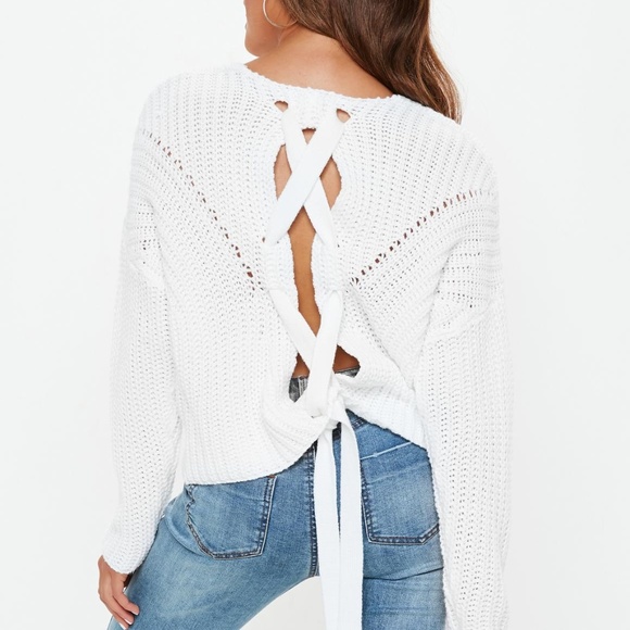 Small Ivory Lush V Neck Lace Up Back Long Sleeve Sweater - Picture 1 of 10